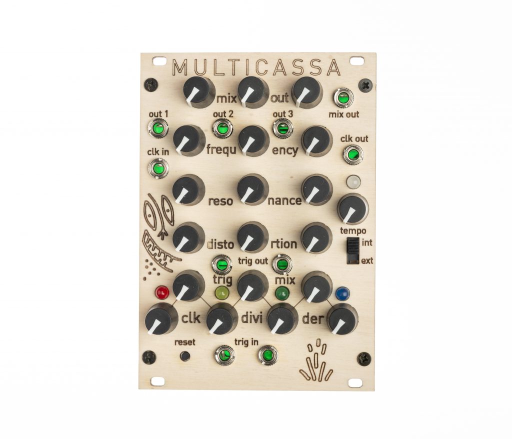 Multicassa eurorack  is an electronic instrument composed of three cassa generators controlled by an analog trautonium like rhythm generator.
